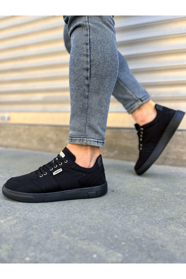 JY0118 REX Bağcıklı Keten Kumaş Erkek Günlük Sneaker Ayakkabı KST - Siyah