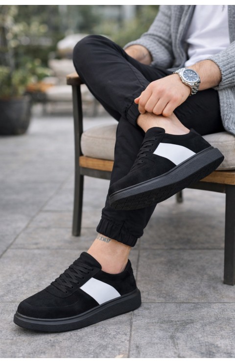 JY011 Line Erkek Günlük Bağcıklı Süet Spor Sneaker Ayakkabı SST - Siyah/Beyaz