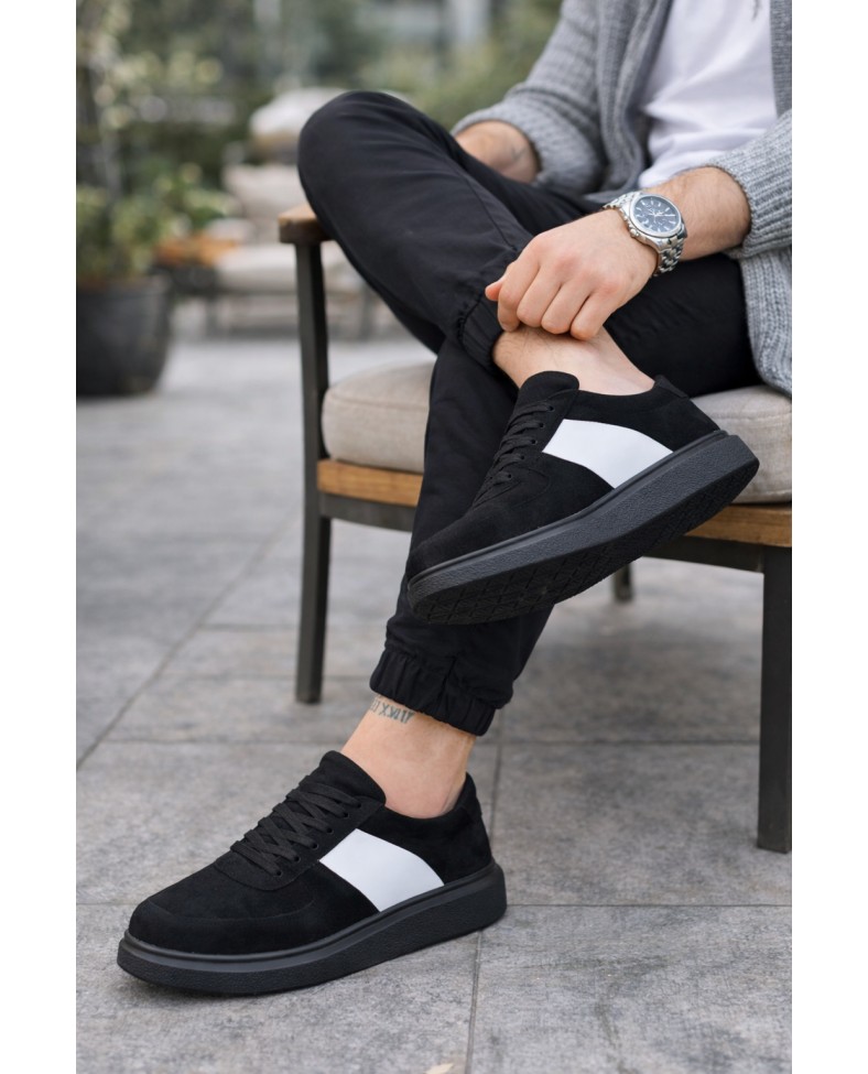 JY011 Line Erkek Günlük Bağcıklı Süet Spor Sneaker Ayakkabı SST - Siyah/Beyaz