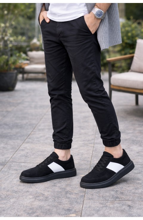 JY011 Line Erkek Günlük Bağcıklı Süet Spor Sneaker Ayakkabı SST - Siyah/Beyaz