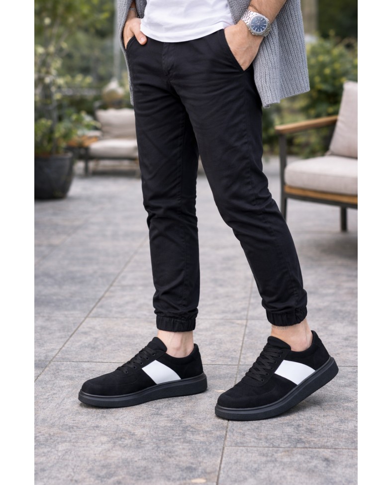 JY011 Line Erkek Günlük Bağcıklı Süet Spor Sneaker Ayakkabı SST - Siyah/Beyaz