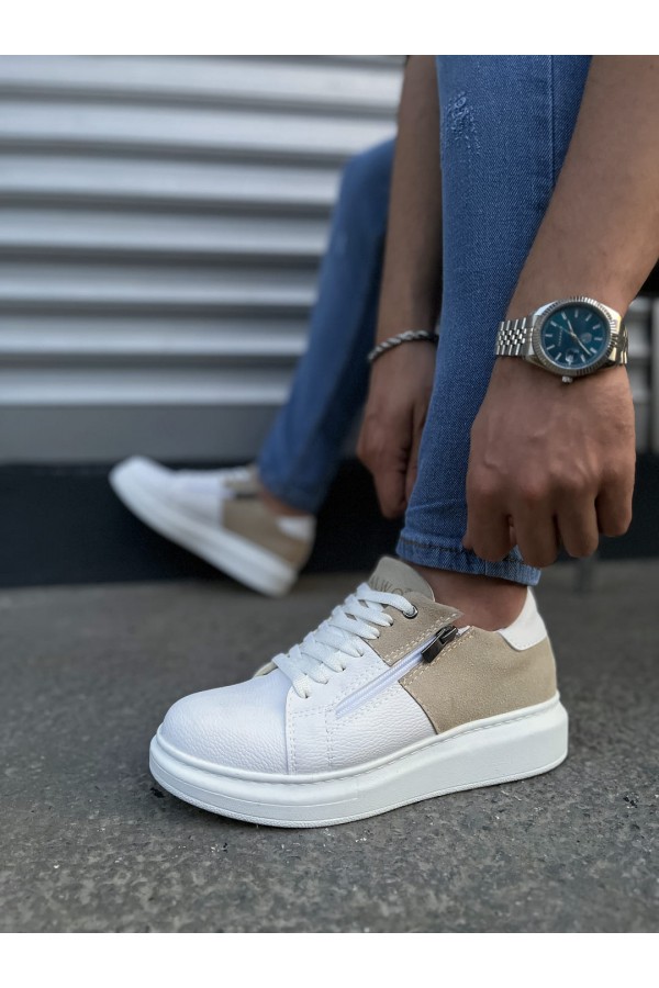 JY155 Warrior Bağcıklı ve Fermuarlı Cilt Süet Erkek Günlük Sneaker Ayakkabı CSBT - Beyaz/Krem