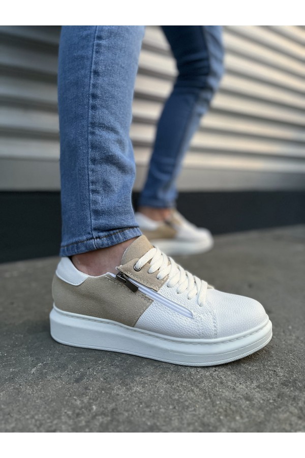 JY155 Warrior Bağcıklı ve Fermuarlı Cilt Süet Erkek Günlük Sneaker Ayakkabı CSBT - Beyaz/Krem
