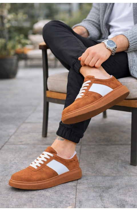 JY011 Line Erkek Günlük Bağcıklı Süet Spor Sneaker Ayakkabı STT - Taba/Beyaz