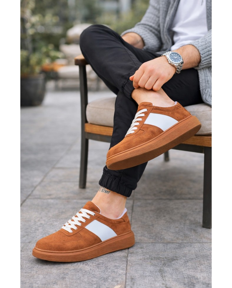 JY011 Line Erkek Günlük Bağcıklı Süet Spor Sneaker Ayakkabı STT - Taba/Beyaz