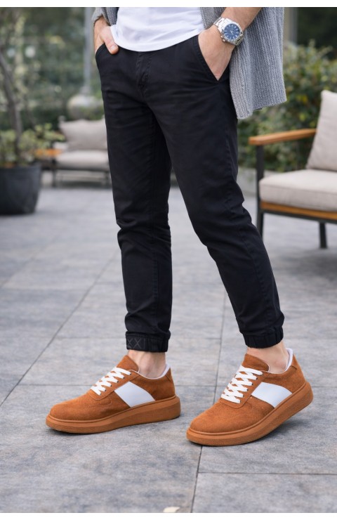 JY011 Line Erkek Günlük Bağcıklı Süet Spor Sneaker Ayakkabı STT - Taba/Beyaz