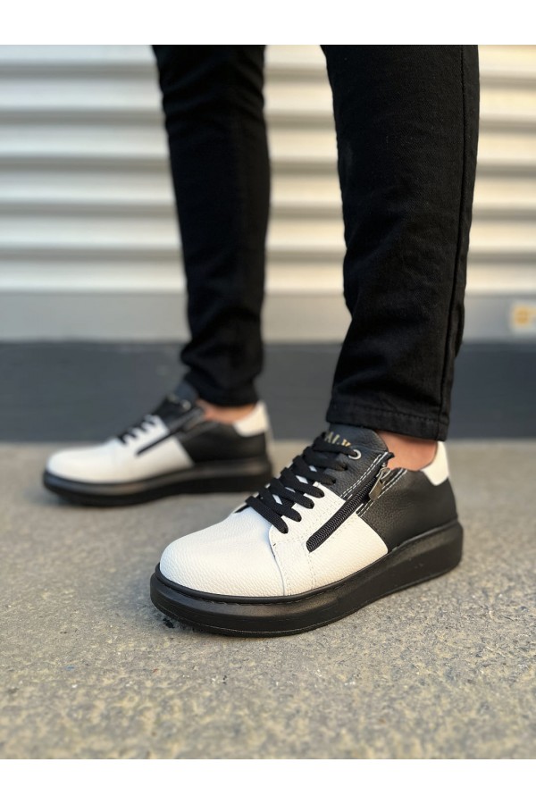 JY155 Warrior Bağcıklı ve Fermuarlı Cilt Erkek Günlük Sneaker Ayakkabı CST - Siyah/Beyaz