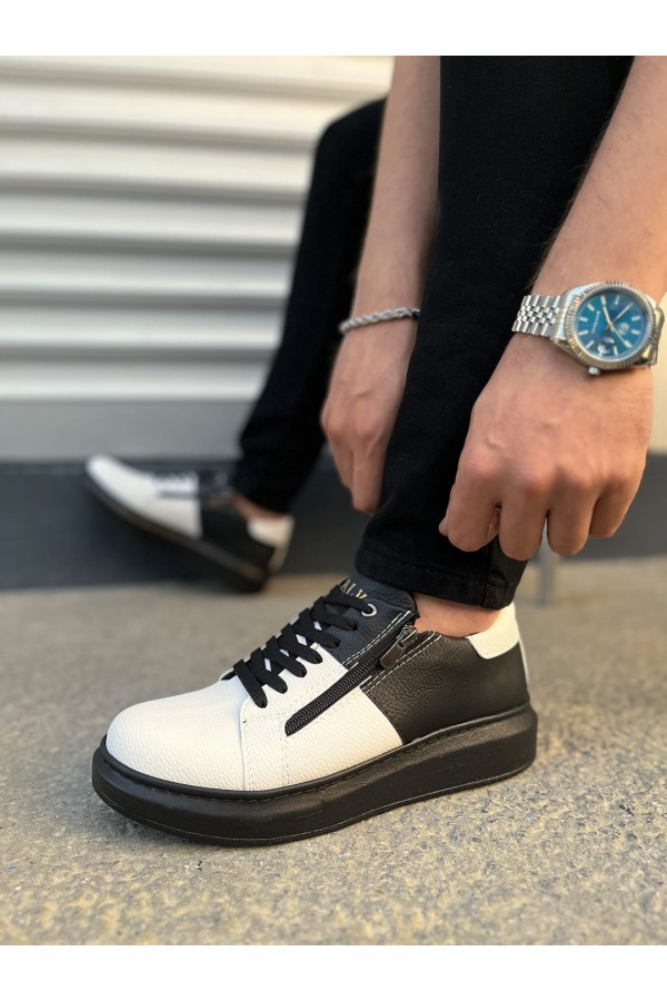 JY155 Warrior Bağcıklı ve Fermuarlı Cilt Erkek Günlük Sneaker Ayakkabı CST - Siyah/Beyaz