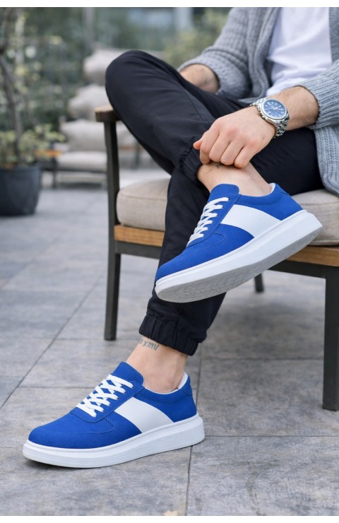 JY011 Line Erkek Günlük Bağcıklı Süet Spor Sneaker Ayakkabı SBT - Mavi/Beyaz