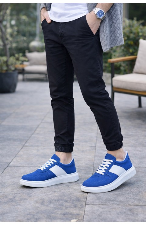 JY011 Line Erkek Günlük Bağcıklı Süet Spor Sneaker Ayakkabı SBT - Mavi/Beyaz