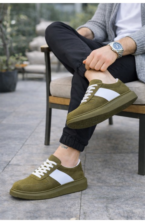 JY011 Line Erkek Günlük Bağcıklı Süet Spor Sneaker Ayakkabı SHT - Haki/Beyaz