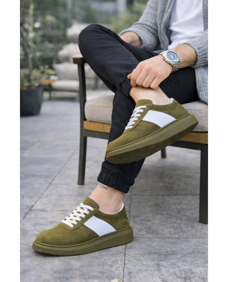 JY011 Line Erkek Günlük Bağcıklı Süet Spor Sneaker Ayakkabı SHT - Haki/Beyaz