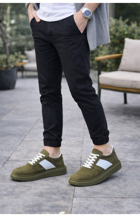 JY011 Line Erkek Günlük Bağcıklı Süet Spor Sneaker Ayakkabı SHT - Haki/Beyaz