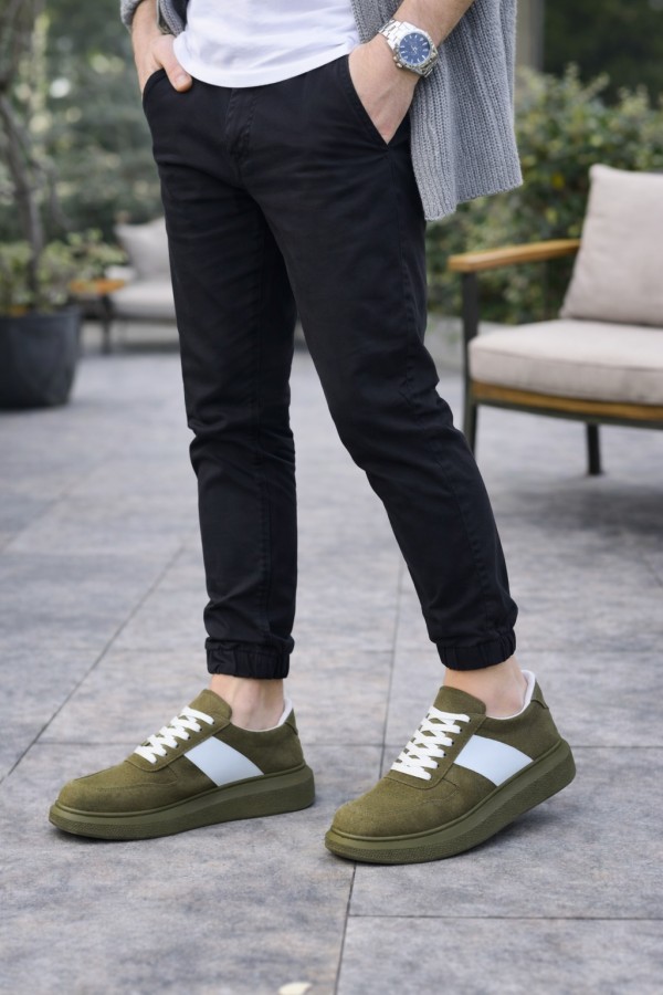 JY011 Line Erkek Günlük Bağcıklı Süet Spor Sneaker Ayakkabı SHT - Haki/Beyaz