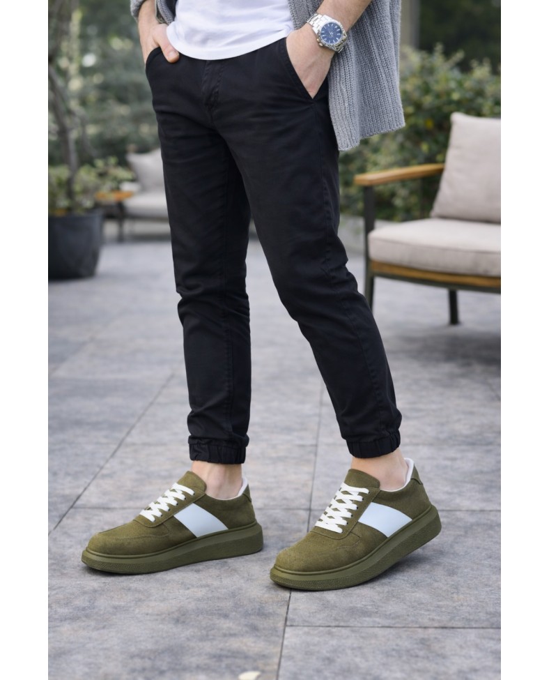 JY011 Line Erkek Günlük Bağcıklı Süet Spor Sneaker Ayakkabı SHT - Haki/Beyaz