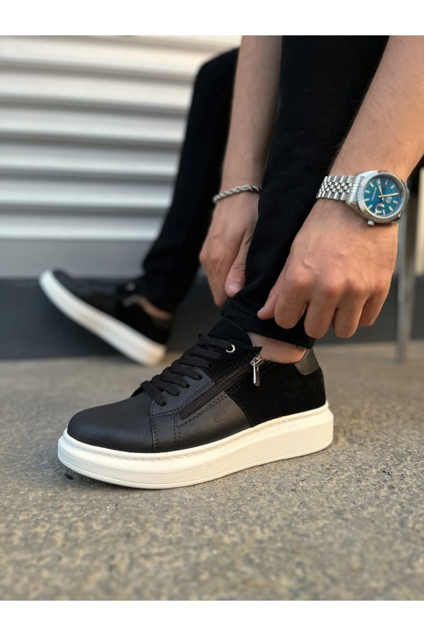 JY155 Warrior Bağcıklı ve Fermuarlı Cilt Süet Erkek Günlük Sneaker Ayakkabı CSBT - Siyah