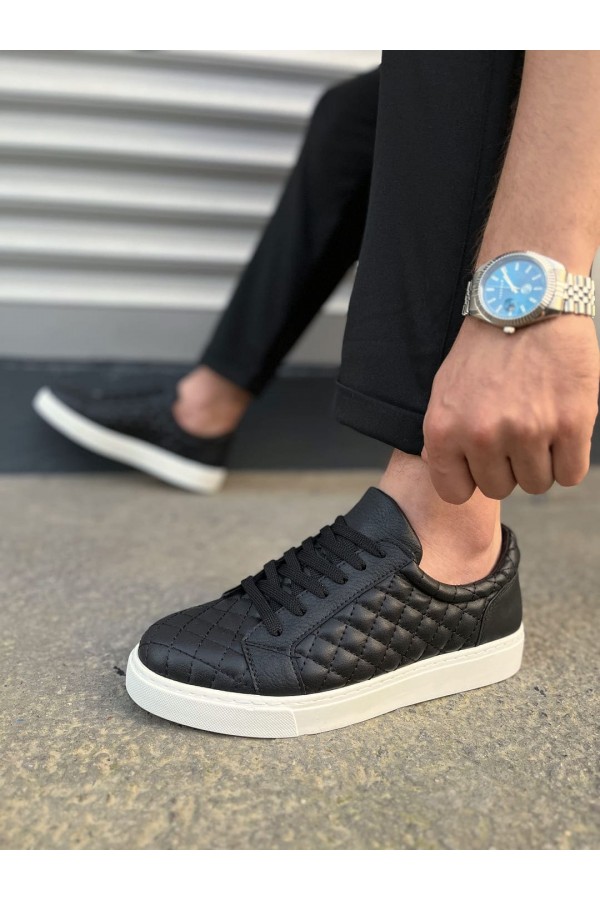 JY166 Prestige Bağcıklı Cilt Kapitone Desenli Erkek Günlük Sneaker Ayakkabı CBT - Siyah