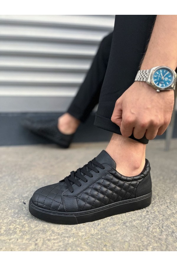 JY166 Prestige Bağcıklı Cilt Kapitone Desenli Erkek Günlük Sneaker Ayakkabı CST - Siyah