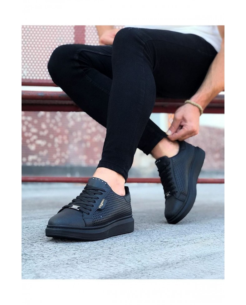 JY01 Bront Bağcıklı Cilt Delikli Erkek Günlük Sneaker Ayakkabı CST Siyah