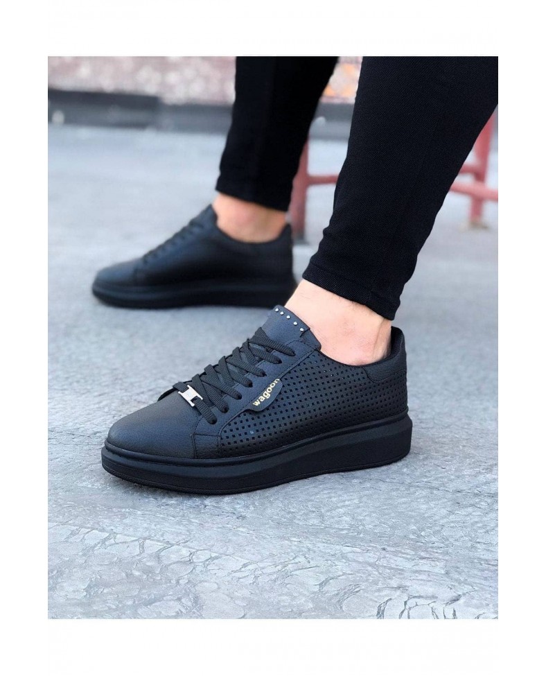 JY01 Bront Bağcıklı Cilt Delikli Erkek Günlük Sneaker Ayakkabı CST Siyah