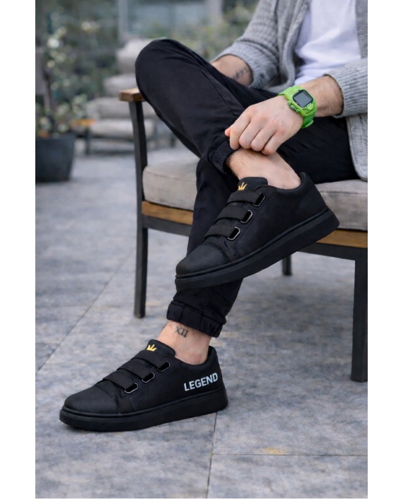 JY029 Mono Bağcıksız 3 Bantlı Lastikli Legend Cilt Erkek Günlük Sneaker Ayakkabı CST - Siyah