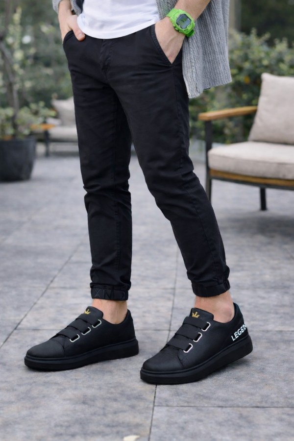 JY029 Mono Bağcıksız 3 Bantlı Lastikli Legend Cilt Erkek Günlük Sneaker Ayakkabı CST - Siyah