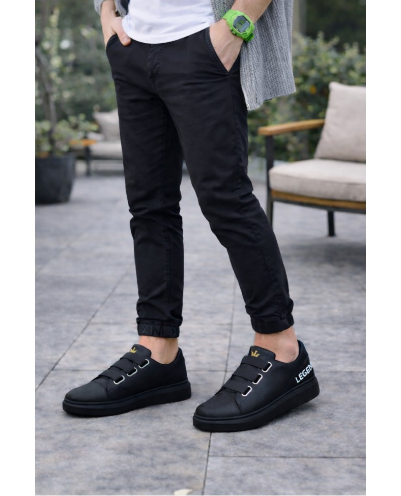 JY029 Mono Bağcıksız 3 Bantlı Lastikli Legend Cilt Erkek Günlük Sneaker Ayakkabı CST - Siyah