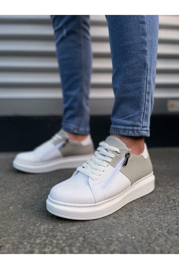JY155 Warrior Bağcıklı ve Fermuarlı Cilt Süet Erkek Günlük Sneaker Ayakkabı CSBT - Beyaz/Gri