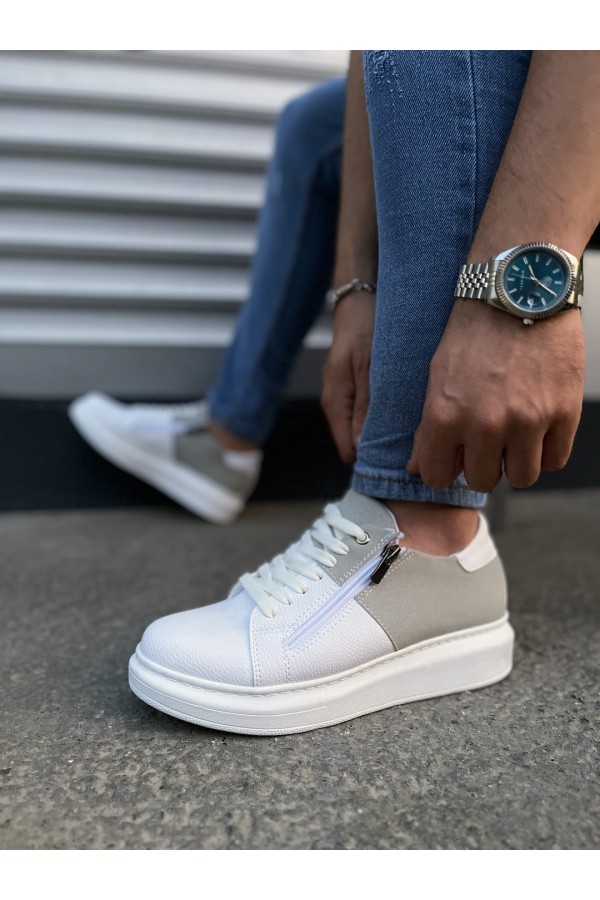 JY155 Warrior Bağcıklı ve Fermuarlı Cilt Süet Erkek Günlük Sneaker Ayakkabı CSBT - Beyaz/Gri