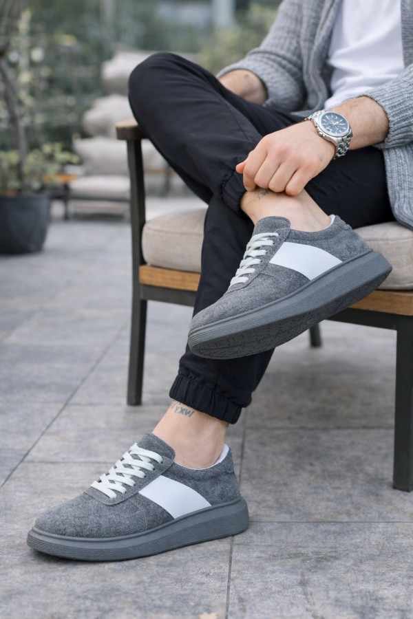 JY011 Line Erkek Günlük Bağcıklı Süet Spor Sneaker Ayakkabı SGT - Gri/Beyaz