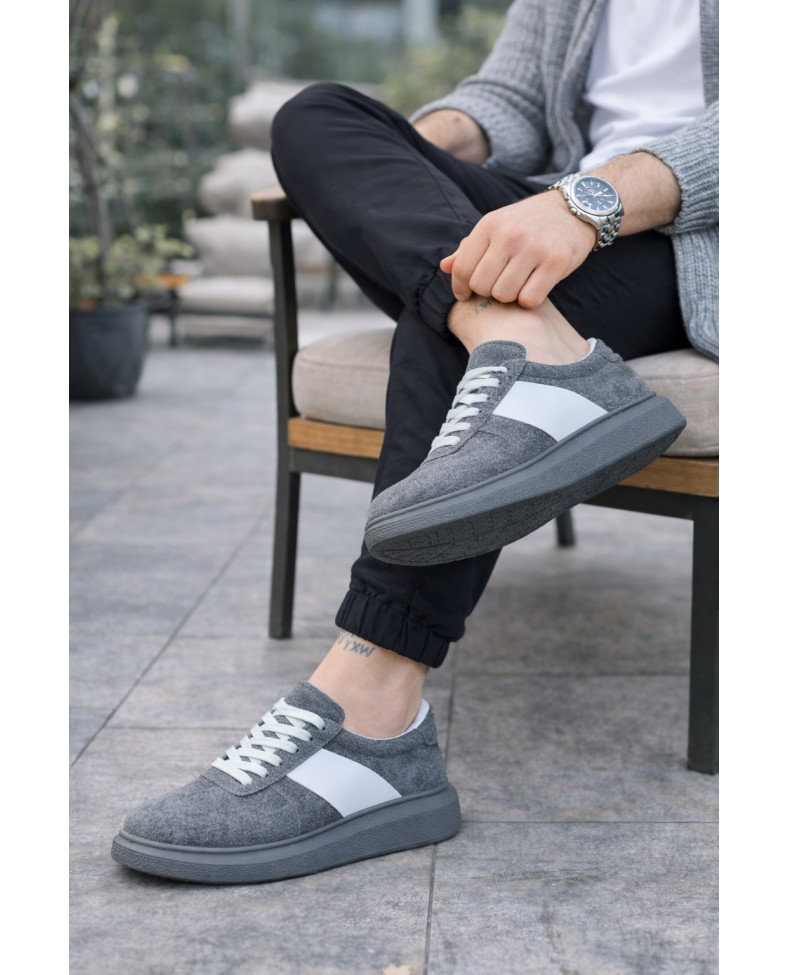 JY011 Line Erkek Günlük Bağcıklı Süet Spor Sneaker Ayakkabı SGT - Gri/Beyaz