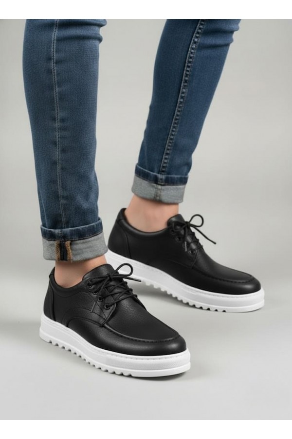 JY-T12x Arts Bağcıklı Cilt Erkek Günlük Spor Klasik Ayakkabı CBT - Siyah