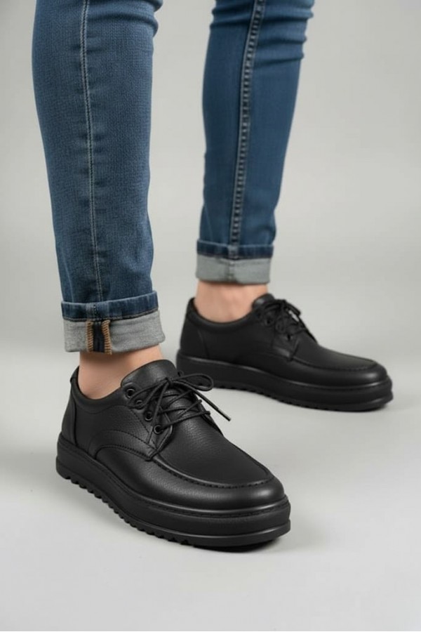 JY-T12x Arts Bağcıklı Cilt Erkek Günlük Spor Klasik Ayakkabı CST - Siyah