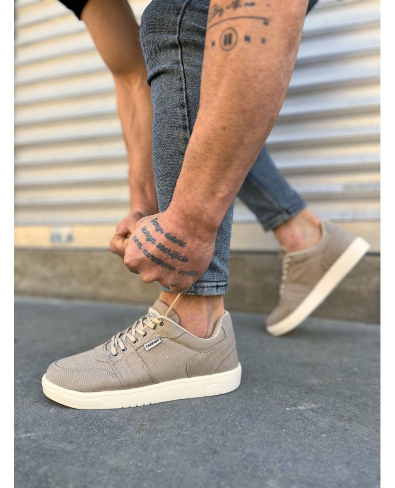 JY0118 REX Bağcıklı Keten Kumaş Erkek Günlük Sneaker Ayakkabı KKT - Bej Somersan Giyim | Kadın, Erkek ve Çocuk Moda