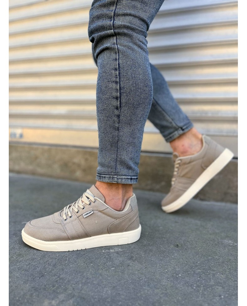 JY0118 REX Bağcıklı Keten Kumaş Erkek Günlük Sneaker Ayakkabı KKT - Bej Somersan Giyim | Kadın, Erkek ve Çocuk Moda