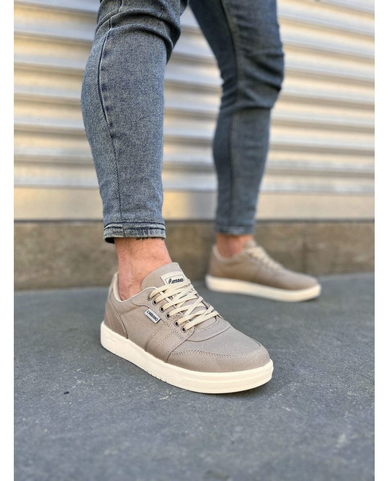 JY0118 REX Bağcıklı Keten Kumaş Erkek Günlük Sneaker Ayakkabı KKT - Bej Somersan Giyim | Kadın, Erkek ve Çocuk Moda