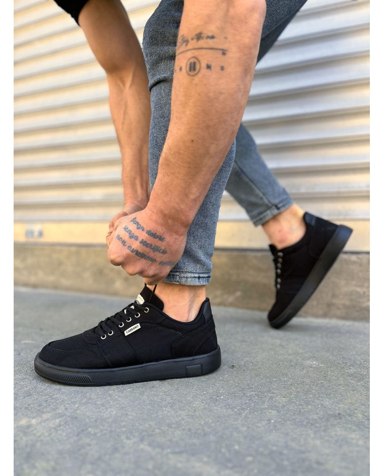 JY0118 REX Bağcıklı Keten Kumaş Erkek Günlük Sneaker Ayakkabı KST - Siyah