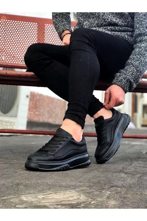 JY026 Astor Erkek Günlük Lastikli Cilt Spor Sneaker Ayakkabı CBT - Siyah