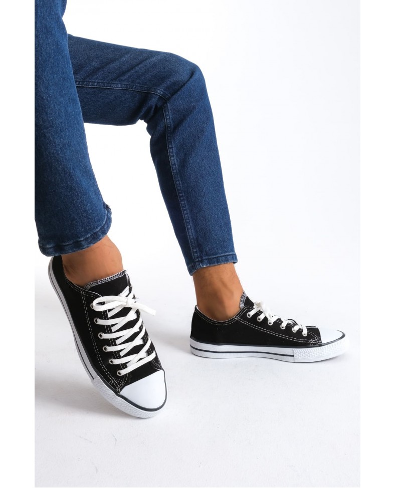 JY0422 Luke Bağcıklı Keten Kumaş Erkek Günlük Sneaker Ayakkabı KBT - Siyah