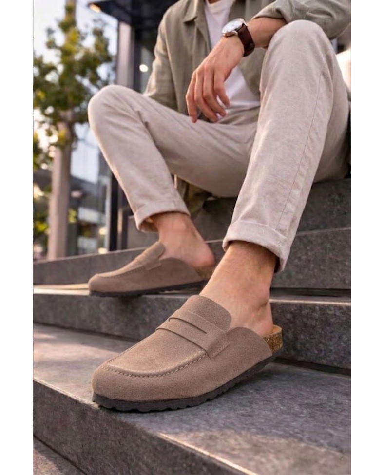 JY0456 Rayn Bağcıksız Hakiki Süet Deri Erkek Günlük Mantar Taban Loafer Klasik Ayakkabı HDMT - Bej
