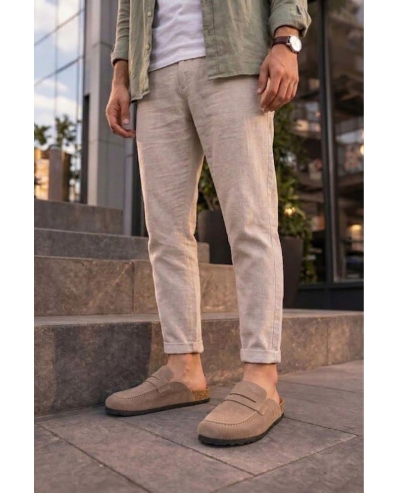 JY0456 Rayn Bağcıksız Hakiki Süet Deri Erkek Günlük Mantar Taban Loafer Klasik Ayakkabı HDMT - Bej
