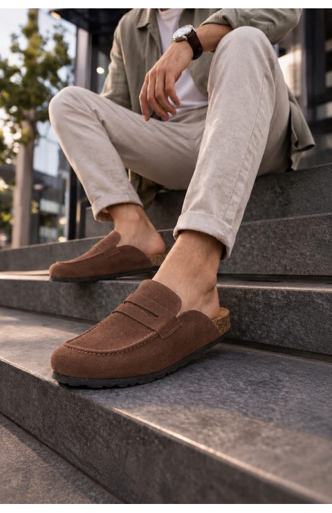 JY0456 Rayn Bağcıksız Hakiki Süet Deri Erkek Günlük Mantar Taban Loafer Klasik Ayakkabı HDMT - Kahve