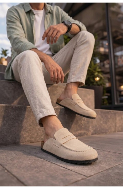 JY0456 Rayn Bağcıksız Hakiki Süet Deri Erkek Günlük Mantar Taban Loafer Klasik Ayakkabı HDMT - Krem