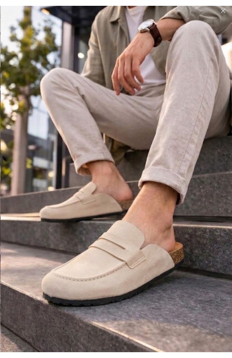 JY0456 Rayn Bağcıksız Hakiki Süet Deri Erkek Günlük Mantar Taban Loafer Klasik Ayakkabı HDMT - Krem