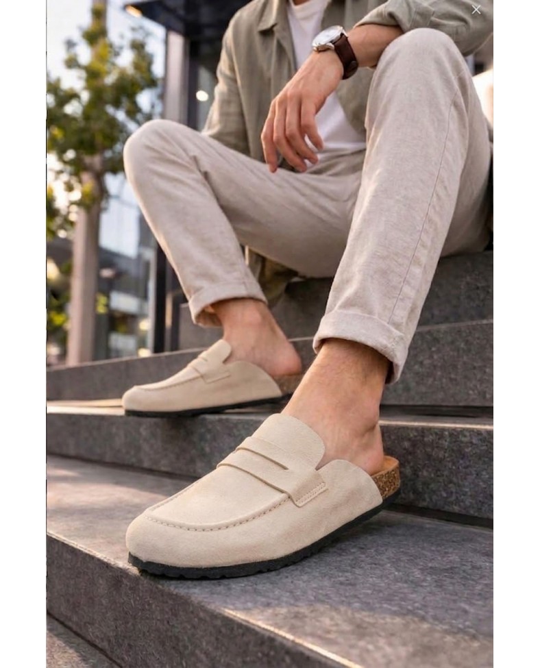 JY0456 Rayn Bağcıksız Hakiki Süet Deri Erkek Günlük Mantar Taban Loafer Klasik Ayakkabı HDMT - Krem