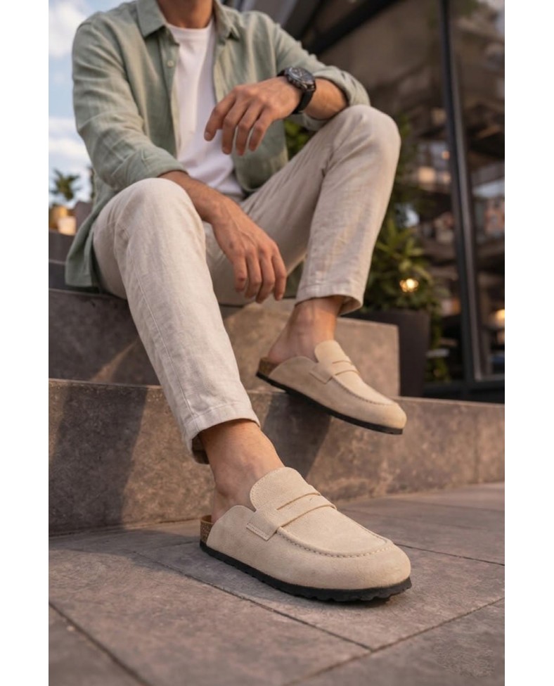 JY0456 Rayn Bağcıksız Hakiki Süet Deri Erkek Günlük Mantar Taban Loafer Klasik Ayakkabı HDMT - Krem