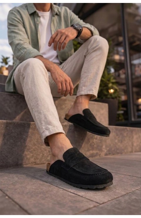 JY0456 Rayn Bağcıksız Hakiki Süet Deri Erkek Günlük Mantar Taban Loafer Klasik Ayakkabı HDMT - Siyah