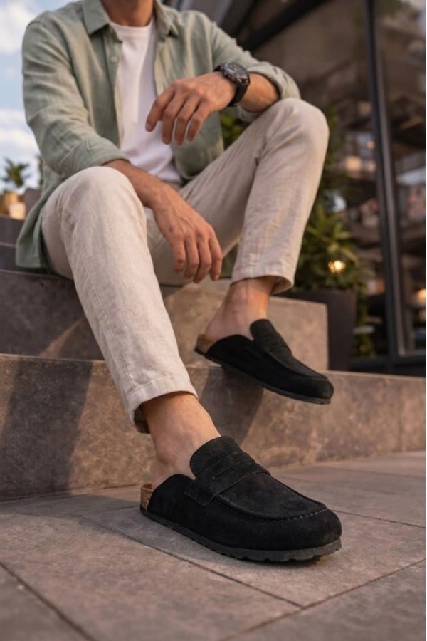 JY0456 Rayn Bağcıksız Hakiki Süet Deri Erkek Günlük Mantar Taban Loafer Klasik Ayakkabı HDMT - Siyah