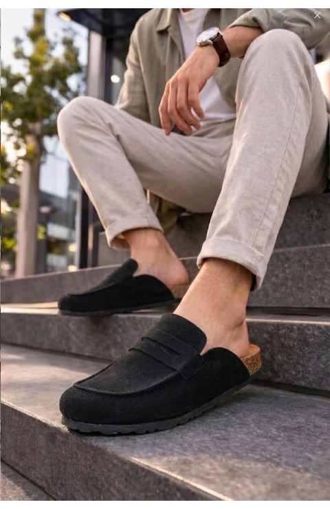 JY0456 Rayn Bağcıksız Hakiki Süet Deri Erkek Günlük Mantar Taban Loafer Klasik Ayakkabı HDMT - Siyah