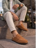 JY0456 Rayn Bağcıksız Hakiki Süet Deri Erkek Günlük Mantar Taban Loafer Klasik Ayakkabı HDMT - Taba